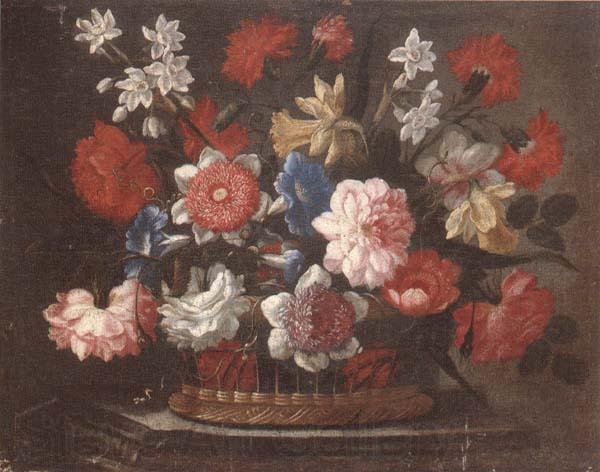 unknow artist Still life of various flowers in a wicker basket,upon a stone ledge Norge oil painting art